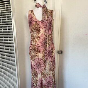 Vintage Floral Maxi Dress with Matching Scarf